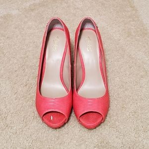 Thalia Sodi Peep toe CORAL snake skin heels sz 9.5